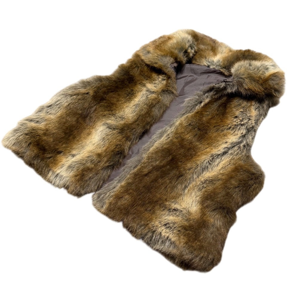 Womens Brown Faux Fur Vest Plush Sleeveless Jacket Oversized Collar M/L